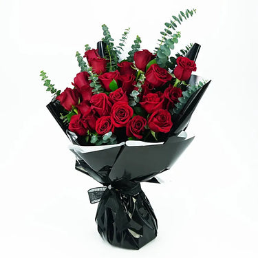 Passionate Blooms, Exquisite Bouquet, 24 Red Roses, Eucalyptus Leaves, Black Color Wrapping